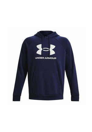 Navyblaue Kapuzenjacke aus weichem Material mit einer Fronttasche, Kordelzugkapuze und großem weißen Under Armour-Logo auf der Brust.