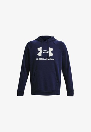 Navyblaue Kapuzenjacke aus weichem Material mit einer Fronttasche, Kordelzugkapuze und großem weißen Under Armour-Logo auf der Brust.