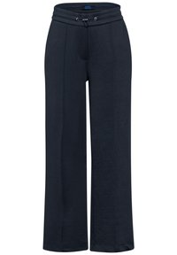 Námořnické modré široké kalhoty vyrobené z jemné látky, s páskem na stahování a s jemným texturovaným vzorem po celé ploše.