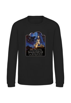 Sort sweatshirt med klassisk Star Wars-plakat med Darth Vaders hjelm, Luke Skywalker, prinsesse Leia, rumskibe og Star Wars-logoet.