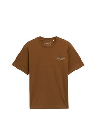 Bruine katoenen T-shirt met een relaxte pasvorm, voorzien van korte mouwen en een witte tekstontwerp op de voorkant. Vlotte textuur, ronde halslijn.