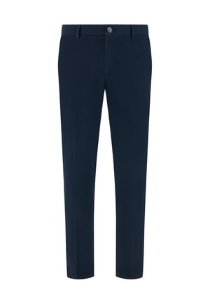 Pantalon habillé pour homme bleu marine sur mesure avec passants pour ceinture et fermeture avant à boutons.