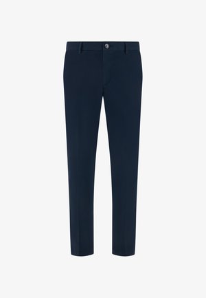 Pantaloni da uomo sartoriali blu navy con passanti per cintura e chiusura frontale con bottone.