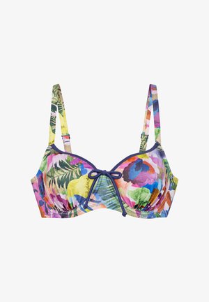 Bikini-Oberteil mit buntem Blumenmuster und Unterbrustverstärkung, ausgestattet mit einem marineblauen Rand und verstellbaren Trägern, sowie einem mittigen Schleifendetail.
