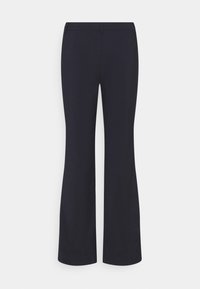Pantalon bleu marine avec jambes évasées, confectionné dans un tissu lisse. Il présente un devant plat et une taille ajustée pour une silhouette épurée.