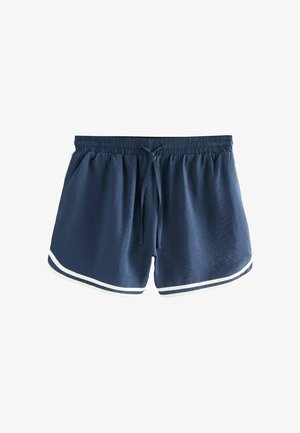 Navy blue athletic shorts with an elastic waistband and drawstring. Features white side stripes and a smooth, lightweight fabric texture.