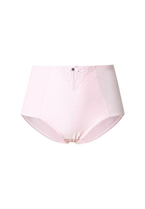 Roze hooggerimde onderbroek met een stippenpatroon, kantafwerking aan de voorkant en een decoratieve knoopaccent. Zachte, gladde stof.
