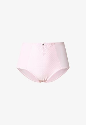 Bañador de tiro alto en color rosa con patrón de lunares, adornado con encaje en la parte frontal y un botón decorativo. Tejido suave y liso.