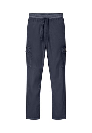 Pantalones cargo de azul marino con cintura elástica y cordón, con dos bolsillos laterales con solapa en las piernas.