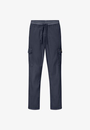 Pantalones cargo de azul marino con cintura elástica y cordón, con dos bolsillos laterales con solapa en las piernas.