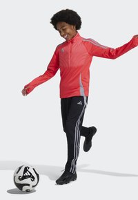 Veste de sport rouge avec des accents gris et un col montant, associée à un pantalon de survêtement noir avec trois rayures blanches, se tenant à côté d'un ballon de football.