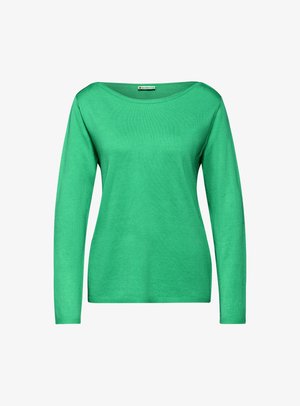 Grüner langärmliger Pullover aus weichem Stoff. Mit Rundhalsausschnitt und taillierten Ärmeln, präsentiert vor einem weißen Hintergrund.