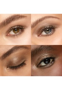 Quattro primi piani di occhi: uno marrone, uno azzurro, uno verde e uno chiuso. Tutti presentano un ombretto morbido in tonalità neutre e ciglia definite.