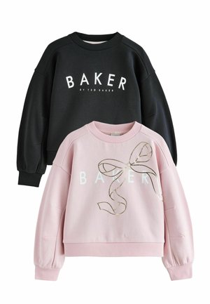Two cropped sweatshirts, one black with white "BAKER by Ted Baker" text and one pink with white "BAKER" text and a gold ribbon design.