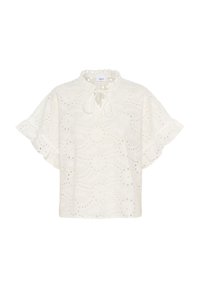 Blusa blanca bordada con un escote redondo y un lazo, mangas cortas con volantes y intrincados patrones florales en toda la prenda.