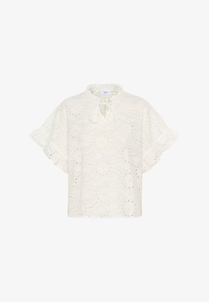 Hvid broderet bluse med rund udskæring og bindebånd, korte volangeærmer og indviklede blomsterdesigns overalt.