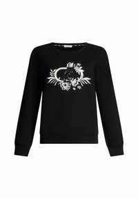 Zwarte sweatshirt met een grafisch ontwerp met bloem- en cameramotieven, ronde halslijn en lange mouwen. Glad textuur en getailleerde taille.