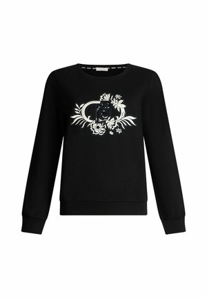 Felpa nera con design grafico che presenta motivi floreali e fotografici, scollatura rotonda e maniche lunghe. Tessuto morbido e vita sagomata.