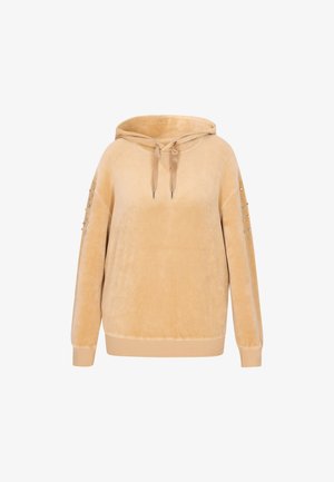 Velvet beige hoodie with a lined hood, front drawstring, and studded accents on sleeves. Features a relaxed fit and ribbed cuffs.