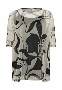 Camicia leggera e trasparente color crema, con un motivo floreale nero, scollatura rotonda e vestibilità ampia con maniche corte.