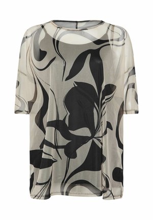 Lightweight sheer blouse in cream, featuring a black floral pattern, round neckline, and loose fit with short sleeves.