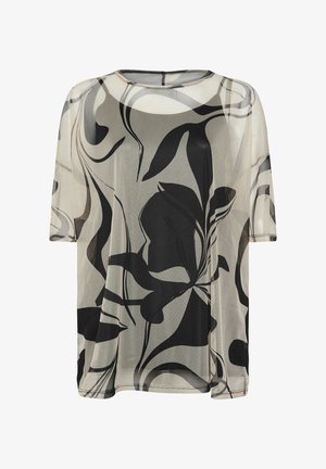 Lekka, przezroczysta bluzka w kremowym kolorze, z czarnym wzorem kwiatowym, okrągłym dekoltem oraz luźnym krojem i krótkimi rękawami.