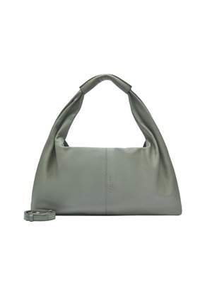 Grüne Lederhandtasche mit einem weichen, strukturierten Design, ausgestattet mit einem geknüpften Griff, abnehmbarem Riemen und einem subtilen geprägten Logo.