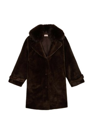 Mörkbrun fuskpälsjacka med bred pälskrage, långa ärmar med knäppta manschetter och knäppning framtill.