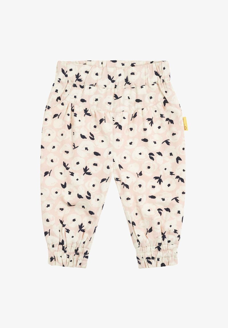 Pantalon pour tout-petit rose clair avec un motif floral noir et blanc, taille élastique et bas resserrés par un élastique.