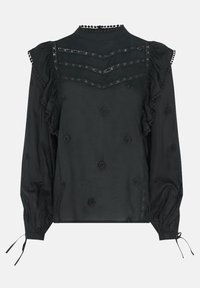 Schwarze Bluse mit langen Ärmeln, gerüschten Details, floralem Stickereien, hohem Hals mit dekorativer Borte und verstellbaren Bündchen.