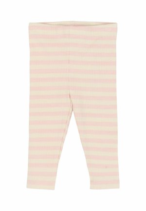 Žebrované bavlnené legíny v svetloružových a krémových pruhoch, s elastickým pásom a úzkym strihom pre pohodlie.