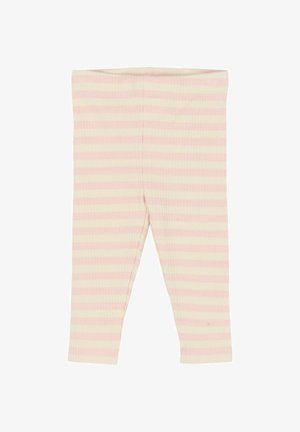 Leggings en coton côtelé à rayures rose pâle et crème, avec une taille élastique et une coupe ajustée pour le confort.