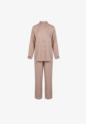 Hellbraunes, langärmliges Hemd mit Knopfleiste und passender Hose, mit strukturiertem Kragen, Manschetten und Brusttaschendetail.