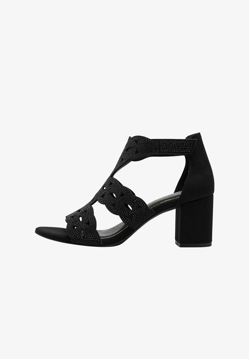 Sandale à talon noir avec un matériau texturé, un design découpé et des embellissements. Caractérisée par un talon épais et un bout ouvert pour une meilleure respirabilité.