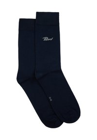 Sosete din bumbac de culoare bleu marin, cu manșete ribbate, având un logo „Petrol” de culoare gri deschis pe lateral. Textură netedă și lungime standard de tip crew.