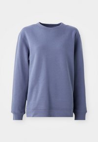 Paarse sweatshirt van vezelachtig materiaal, met een ronde hals, lange mouwen en geribbelde manchetten. Eenvoudig ontwerp zonder zichtbare patronen.