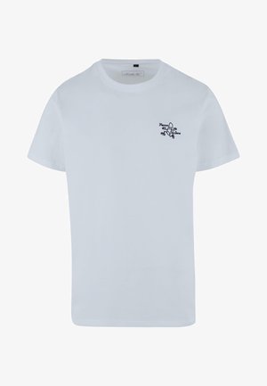 Biała bawełniana koszulka z krótkim rękawem, z małym, granatowym haftowanym wzorem po lewej stronie klatki piersiowej. Okrągły dekolt.