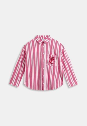 Red and white striped long-sleeve shirt with a button-down collar, featuring a left chest pocket with embroidered detail. Cotton fabric.