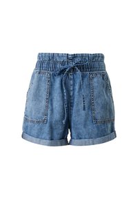 Denim shorts with an elastic waistband, drawstring tie, and two front pockets. Light blue color with rolled hems and visible stitching.