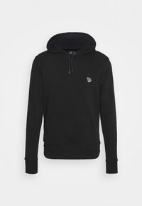 Felpa nera in tessuto morbido, con tasca a marsupio e un piccolo logo multicolore sul petto. Cappuccio regolabile con cordini.
