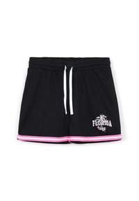Pantaloni corti in rete neri con un laccetto bianco, dettagli rosa lungo l'orlo e una grafica con palme e il testo "Florida".
