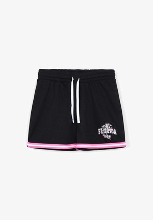 Czarne siatkowe szorty z białym sznurkiem, różowymi akcentami wzdłuż krawędzi oraz grafiką z palmami i napisem "Florida".