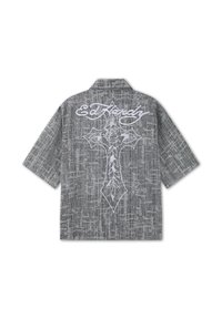 Graues kurzärmeliges Hemd mit strukturiertem Muster und großem weiß besticktem Kreuz sowie dem Schriftzug „Ed Hardy“ auf dem Rücken.