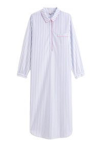 Camicia da notte lunga con colletto in tessuto leggero, presenta strisce verticali blu e viola, una tasca sul petto e una abbottonatura.