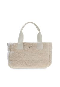 Beżowa pluszowa torba na ramię o miękkiej teksturze, prostokątnym kształcie i gładkich, kremowych uchwytach. Posiada trójkątne logo z przodu.