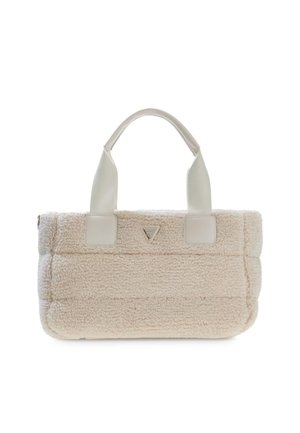 Beżowa pluszowa torba na ramię o miękkiej teksturze, prostokątnym kształcie i gładkich, kremowych uchwytach. Posiada trójkątne logo z przodu.
