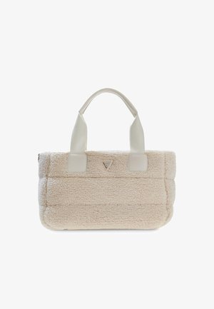Beige pluche tote bag met zachte textuur, rechthoekige vorm en gladde crèmekleurige handvatten. Heeft een driehoekig logo aan de voorkant.