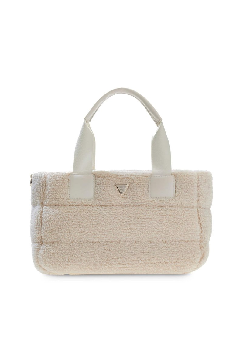 Beżowa pluszowa torba na ramię o miękkiej teksturze, prostokątnym kształcie i gładkich, kremowych uchwytach. Posiada trójkątne logo z przodu.
