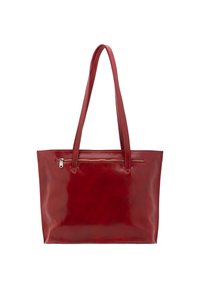 Rode leren tote bag met een gladde textuur, twee lange handvatten en een bovenste ritsluiting. Voorzien van een voorzak met rits voor extra gemak.