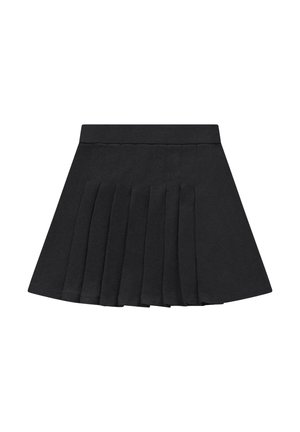 Zwarte geplooide rok met een brede tailleband, gelijkmatig verdeelde verticale plooien en een A-lijn silhouet.